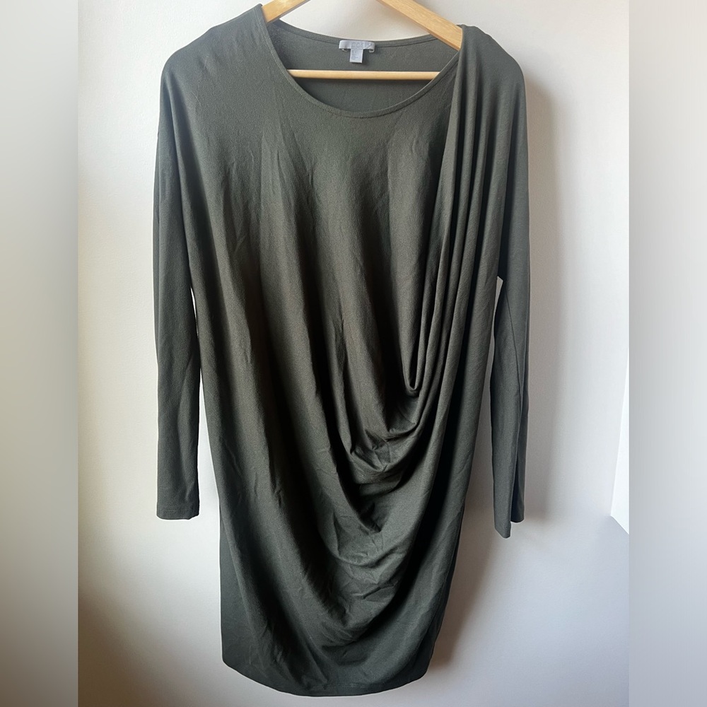COS Drapey Dress Stretch Oversized Asymmetrical Soft Relaxed Fit Olive Green S